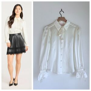 NEW FLAWED Cinq à Sept 100% Silk Troyer Neck Tie Button Down Blouse in Ivory XS